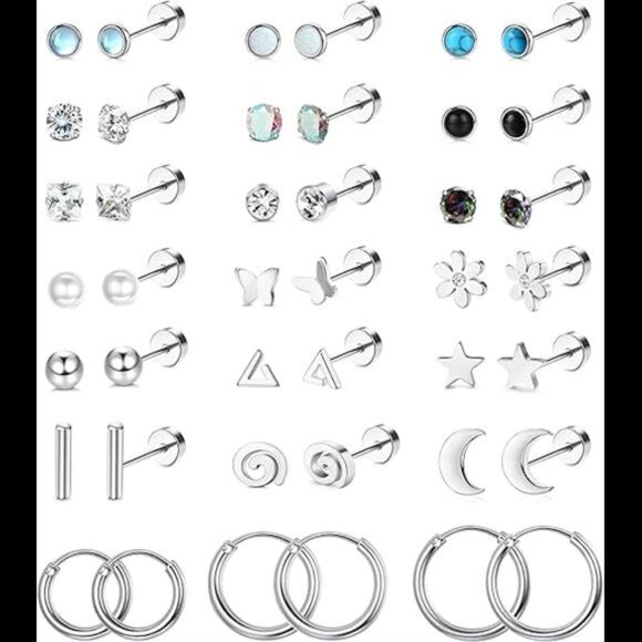 21Pairs Surgical Steel Flat Back Earrings Hypoallergenic 20G Screw Back Nap - Picture 7 of 7